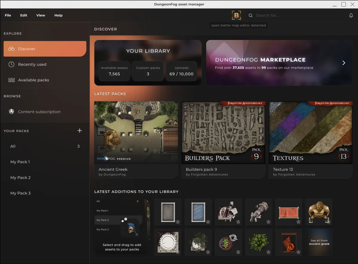 DungeonFog asset manager showing the user library and the Marketplace