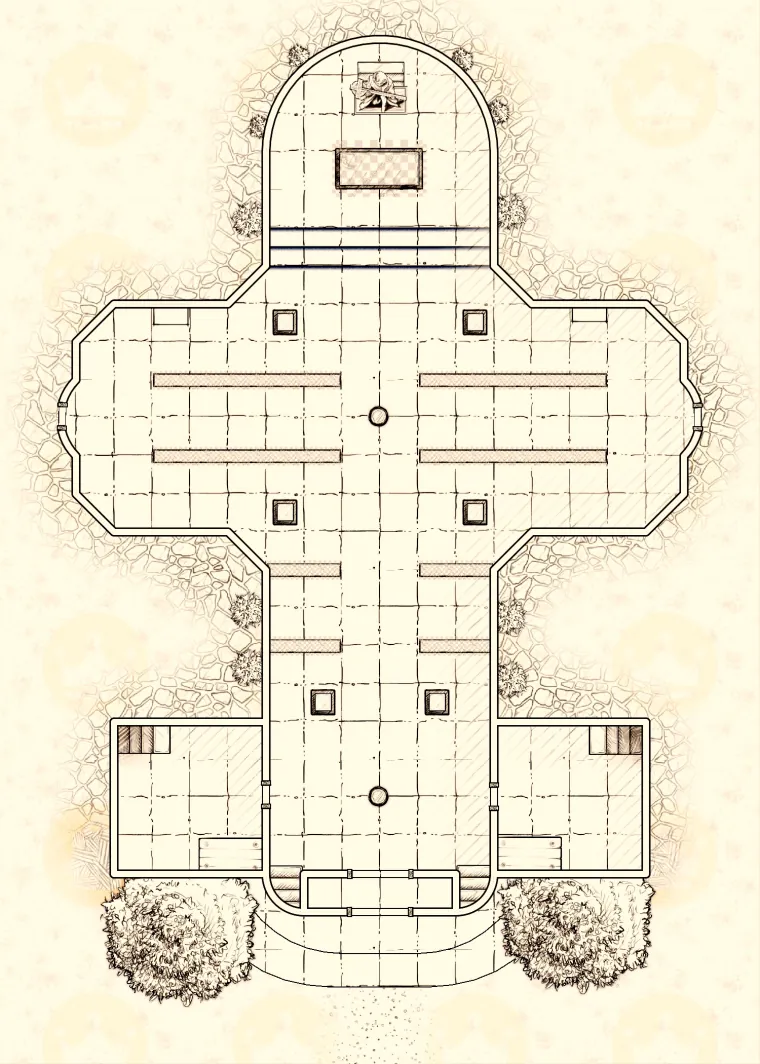 The same cathedral floor plan in a classic pen-and-ink style