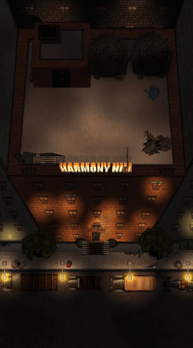 Night-time noir street exterior of Harmony Hill