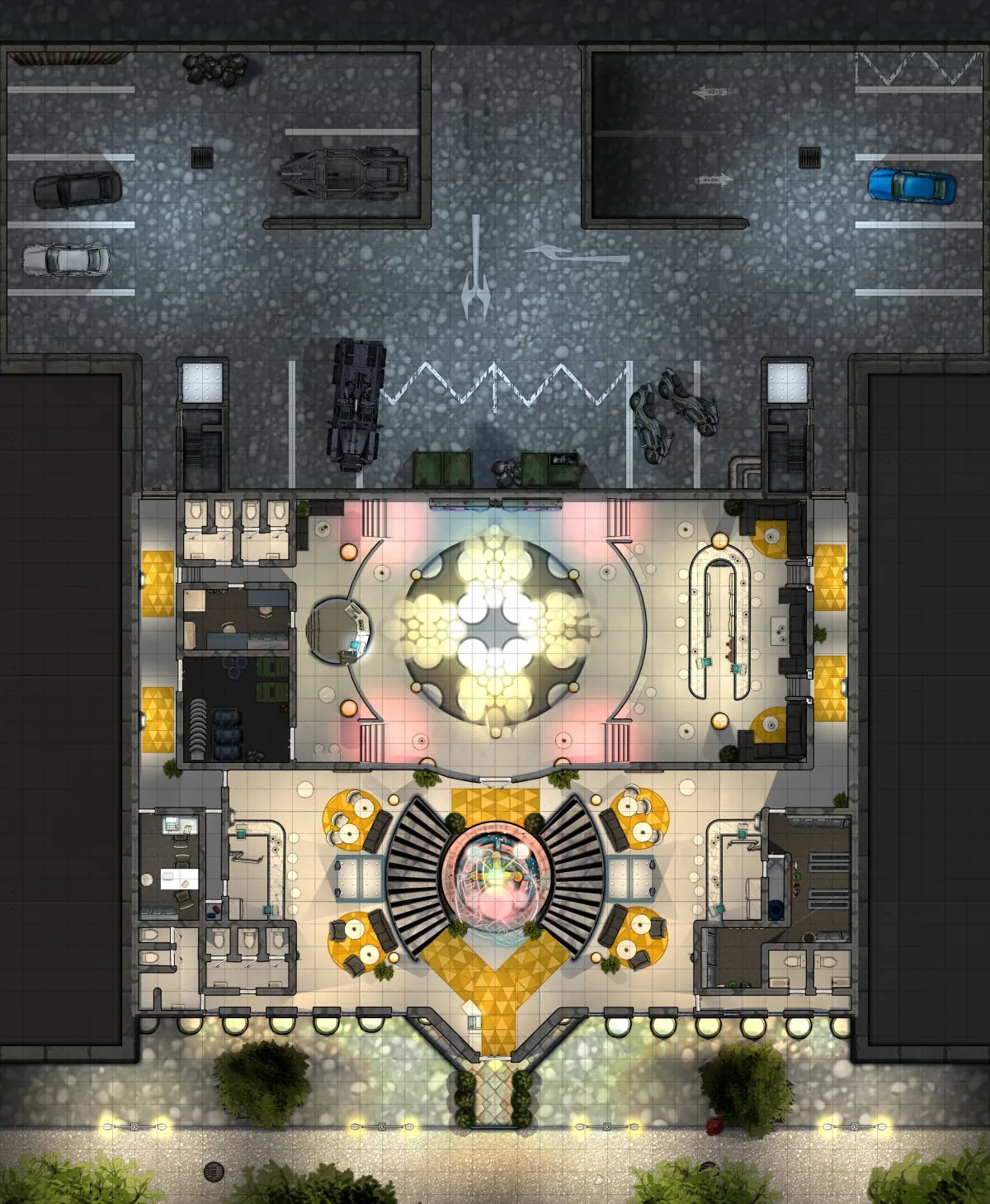 Top-down battle map of Das Babylon, a Berlin nightclub