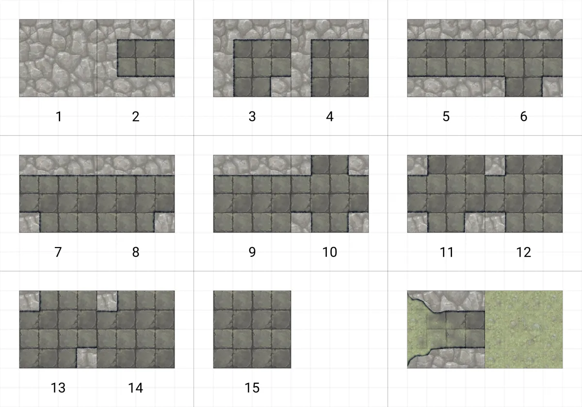A modular blob tileset of stone floor and rough ground tiles